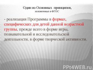 Один из Основных принципов, заложенных в ФГОС - реализация Программы в формах, с