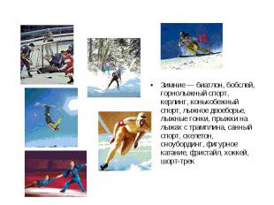 Зимние — биатлон, бобслей, горнолыжный спорт, керлинг, конькобежный спорт, лыжно