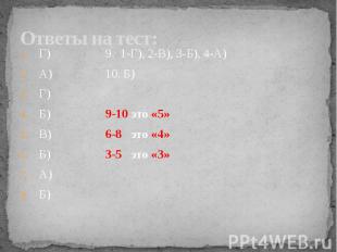 Ответы на тест: Г) 9. 1-Г), 2-В), 3-Б), 4-А) А) 10. Б) Г) Б) 9-10 это «5» В) 6-8