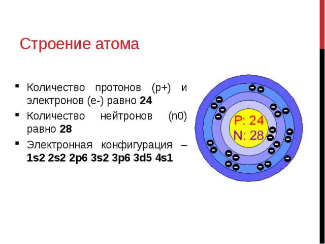Строение атома Количество протонов (p+) и электронов (e-) равно 24 Количество нейтронов (n0) равно 28 Электронная конфигурация – 1s2 2s2 2p6 3s2 3p6 3d5 4s1