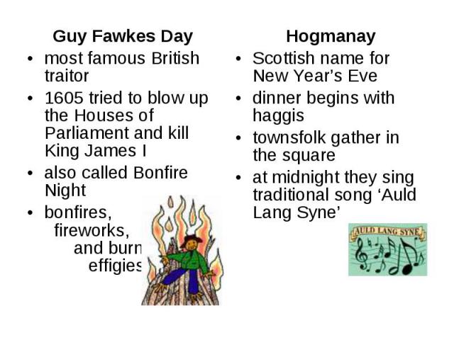 Guy Fawkes Day Guy Fawkes Day most famous British traitor 1605 tried to blow up the Houses of Parliament and kill King James I also called Bonfire Night bonfires, fireworks, and burning effigies