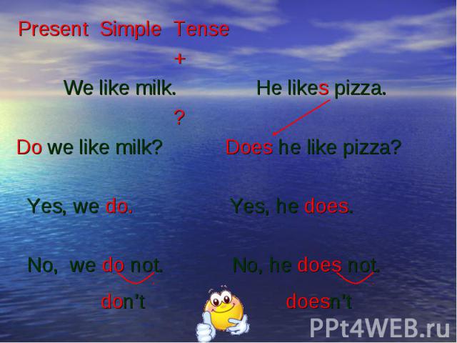 Present Simple Tense + We like milk. He likes pizza. ? Do we like milk? Does he like pizza? Yes, we do. Yes, he does. No, we do not. No, he does not. don’t doesn’t