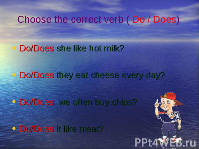 Do/Does she like hot milk? Do/Does they eat cheese every day? Do/Does we often buy chips? Do/Does it like meat?