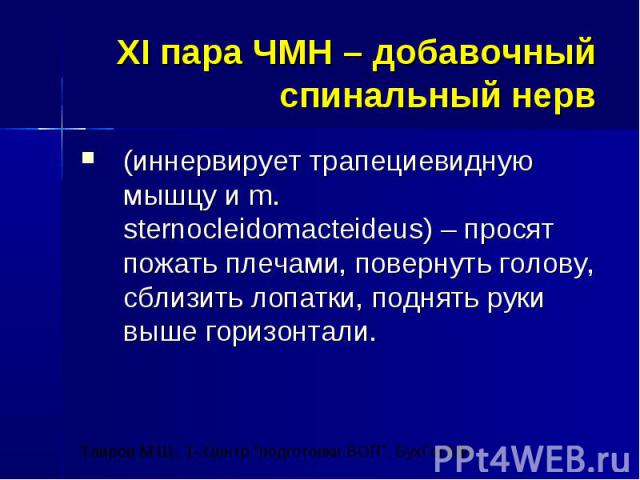 XI пара ЧМН – добавочный спинальный нерв (иннервирует трапециевидную мышцу и m. sternocleidomacteideus) – просят пожать плечами, повернуть голову, сблизить лопатки, поднять руки выше горизонтали.