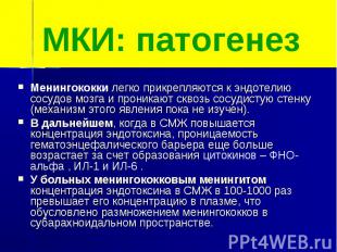 МКИ: патогенезМенингококки легко прикрепляются к эндотелию сосудов мозга и прони