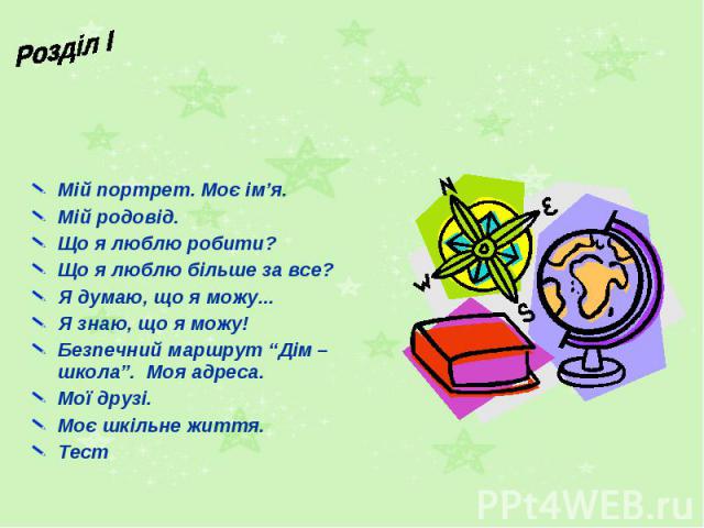 Мій портрет. Моє ім’я. Мій портрет. Моє ім’я. Мій родовід. Що я люблю робити? Що я люблю більше за все? Я думаю, що я можу... Я знаю, що я можу! Безпечний маршрут “Дім – школа”. Моя адреса. Мої друзі. Моє шкільне життя. Тест