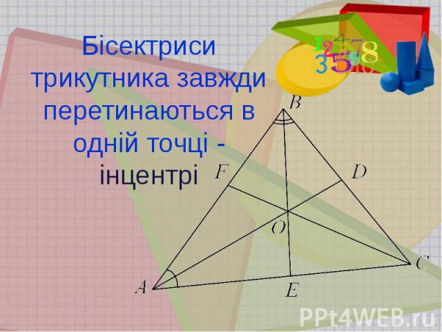 Бісектриси трикутника завжди перетинаються в одній точці - інцентрі