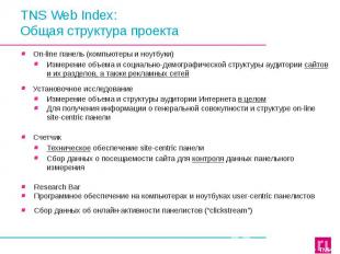 TNS Web Index: Общая структура проекта On-line панель (компьютеры и ноутбуки) Из