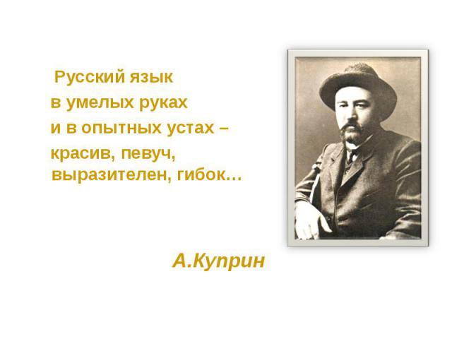 Русский язык Русский язык в умелых руках и в опытных устах – красив, певуч, выразителен, гибок… А.Куприн