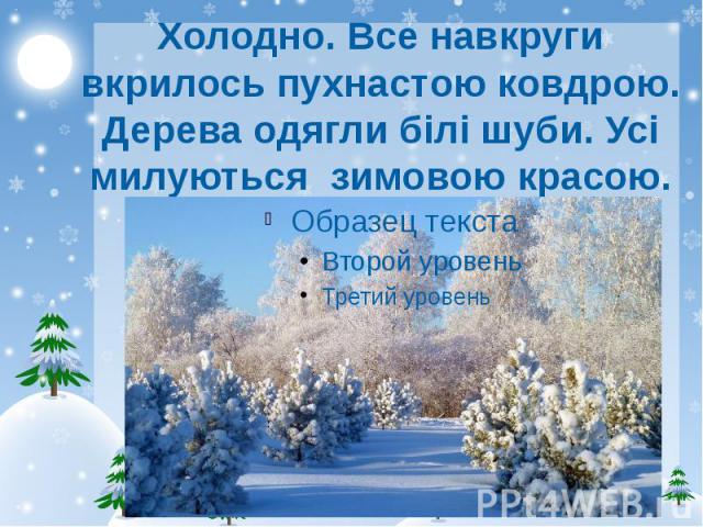 Холодно. Все навкруги вкрилось пухнастою ковдрою. Дерева одягли білі шуби. Усі милуються зимовою красою.