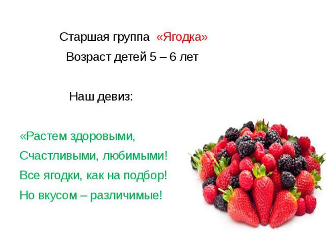 Старшая группа «Ягодка» Возраст детей 5 – 6 лет Наш девиз: «Растем здоровыми, Счастливыми, любимыми! Все ягодки, как на подбор! Но вкусом – различимые!