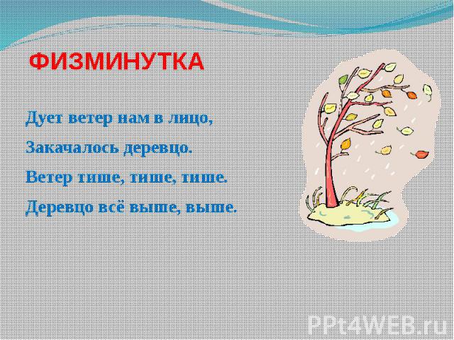 ФИЗМИНУТКА Дует ветер нам в лицо, Закачалось деревцо. Ветер тише, тише, тише. Деревцо всё выше, выше.