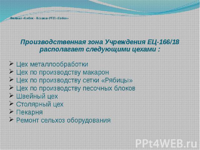 Производственная зона Учреждения ЕЦ-166/18 располагает следующими цехами :