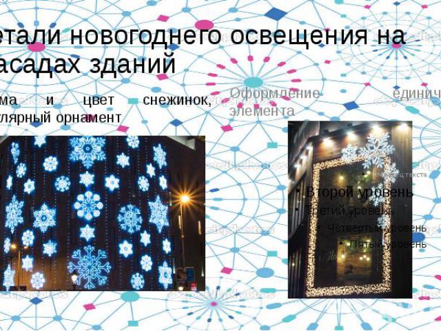 Детали новогоднего освещения на фасадах зданий Форма и цвет снежинок, регулярный орнамент