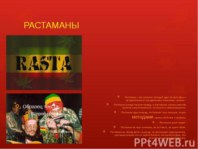 РАСТАМАНЫ Растаман – это человек, который идет по пути Джа и придерживается определенных жизненных правил: Растаман всегда говорит правду, в растамане сильно развиты понятия ответственности, честности и обязательности. Растаман идет вперед, отстаива…