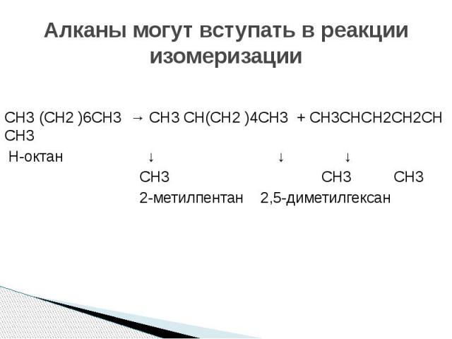 Алканы могут вступать в реакции изомеризации СH3 (СH2 )6СH3 → СH3 СH(СH2 )4СH3 + СH3СHСH2СH2СH СH3 Н-октан ↓ ↓ ↓ СH3 СH3 СH3 2-метилпентан 2,5-диметилгексан