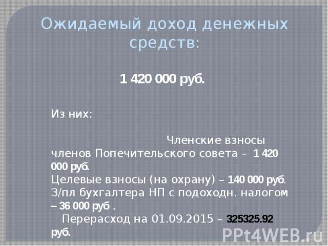 Ожидаемый доход денежных средств: 1 420 000 руб.