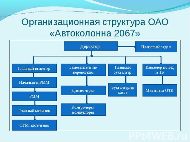 Организационная структура ОАО «Автоколонна 2067»