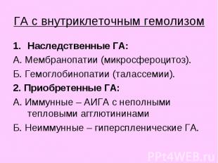 ГА с внутриклеточным гемолизом Наследственные ГА: А. Мембранопатии (микросфероци