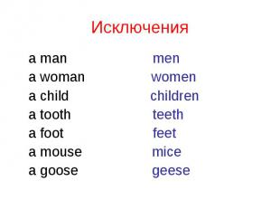 a man men a man men a woman women a child children a tooth teeth a foot feet a m