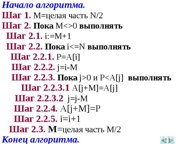 Начало алгоритма.Начало алгоритма.Шаг 1. M=целая часть N/2Шаг 2. Пока M<>0 выполнять Шаг 2.1. i:=M+1 Шаг 2.2. Пока i<=N выполнять Шаг 2.2.1. P=A[i] Шаг 2.2.2. j=i-M Шаг 2.2.3. Пока j>0 и P<A[j] выполнять Шаг 2.2.3.1 A[j+M]=A[j] Шаг 2.…