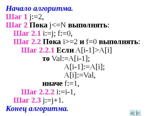 Начало алгоритма.Начало алгоритма.Шаг 1 j:=2,Шаг 2 Пока j<=N выполнять:Шаг 2.1 i:=j; f:=0,Шаг 2.2 Пока i>=2 и f=0 выполнять:Шаг 2.2.1 Если A[i-1]>A[i] то Val:=A[i-1]; A[i-1]:=A[i]; A[i]:=Val, иначе f:=1,Шаг 2.2.2 i:=i-1,Шаг 2.3 j:=j+1.Конец…