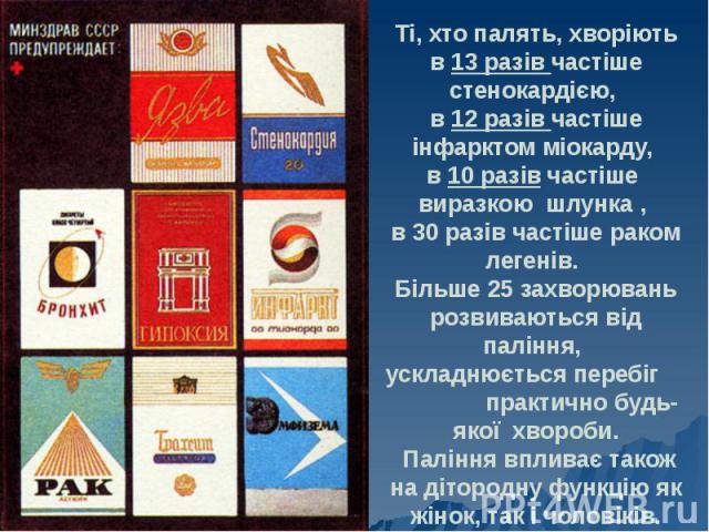 Ті, хто палять, хворіють в 13 разів частіше стенокардією, в 12 разів частіше інфарктом міокарду, в 10 разів частіше виразкою шлунка , в 30 разів частіше раком легенів. Більше 25 захворювань розвиваються від паління, ускладнюється перебіг практично б…