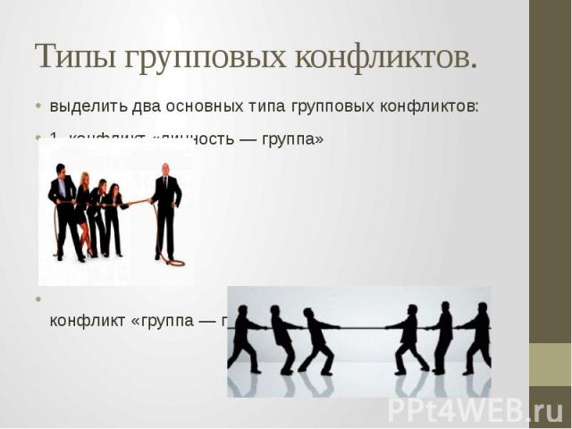 Типы групповых конфликтов. выделить два основных типа групповых конфликтов: 1. конфликт «личность — группа» 2. конфликт «группа — группа».