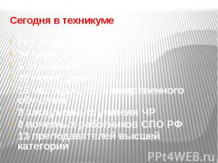 Сегодня в техникуме 691 студент 24 группы 5 отделений 45 преподавателей 15 масте