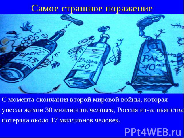 С момента окончания второй мировой войны, которая С момента окончания второй мировой войны, которая унесла жизни 30 миллионов человек, Россия из-за пьянства потеряла около 17 миллионов человек.