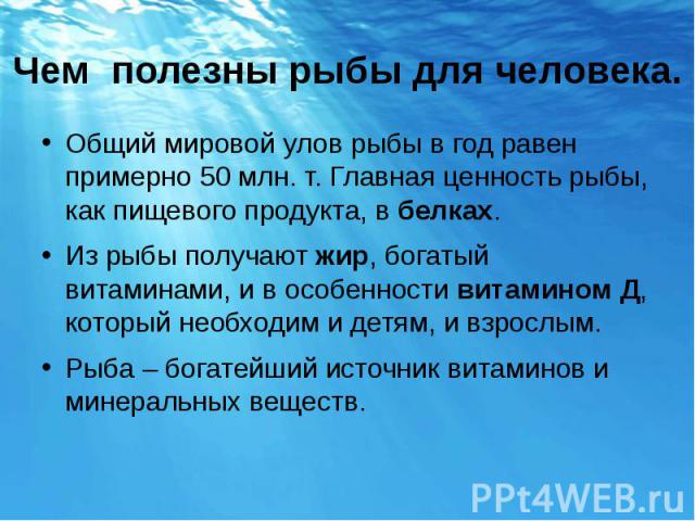 Общий мировой улов рыбы в год равен примерно 50 млн. т. Главная ценность рыбы, как пищевого продукта, в белках. Общий мировой улов рыбы в год равен примерно 50 млн. т. Главная ценность рыбы, как пищевого продукта, в белках. Из рыбы получают жир, бог…