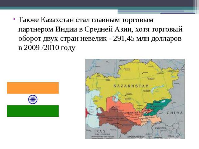 Также Казахстан стал главным торговым партнером Индии в Средней Азии, хотя торговый оборот двух стран невелик - 291,45 млн долларов в 2009 /2010 году Также Казахстан стал главным торговым партнером Индии в Средней Азии, хотя торговый оборот двух стр…