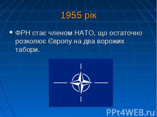 1955 рік ФРН стає членом НАТО, що остаточно розколює Європу на два ворожих табор