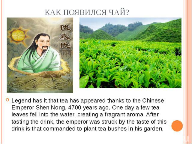 Legend has it that tea has appeared thanks to the Chinese Emperor Shen Nong, 4700 years ago. One day a few tea leaves fell into the water, creating a fragrant aroma. After tasting the drink, the emperor was struck by the taste of this drink is that …