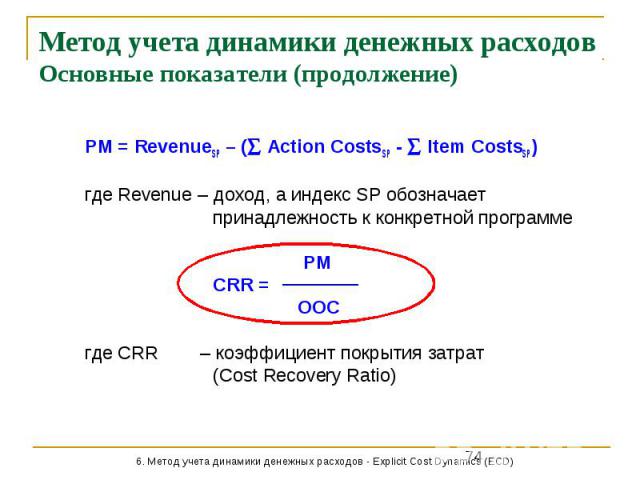 Метод учета динамики денежных расходов Основные показатели (продолжение) PM = RevenueSP – ( Action CostsSP - Item CostsSP) где Revenue – доход, а индекс SP обозначает принадлежность к конкретной программе PM CRR = OOC где CRR – коэффициент покрытия …