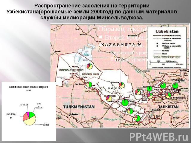 Распространение засоления на территории Узбекистана(орошаемые земли 2000год) по данным материалов службы мелиорации Минсельводхоза.