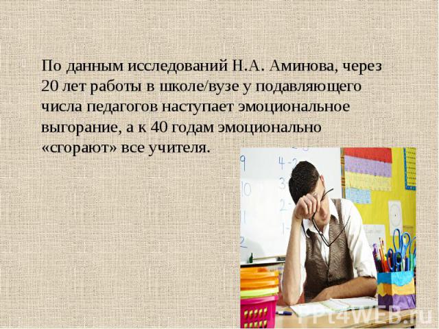 По данным исследований Н.А. Аминова, через 20 лет работы в школе/вузе у подавляющего числа педагогов наступает эмоциональное выгорание, а к 40 годам эмоционально «сгорают» все учителя.