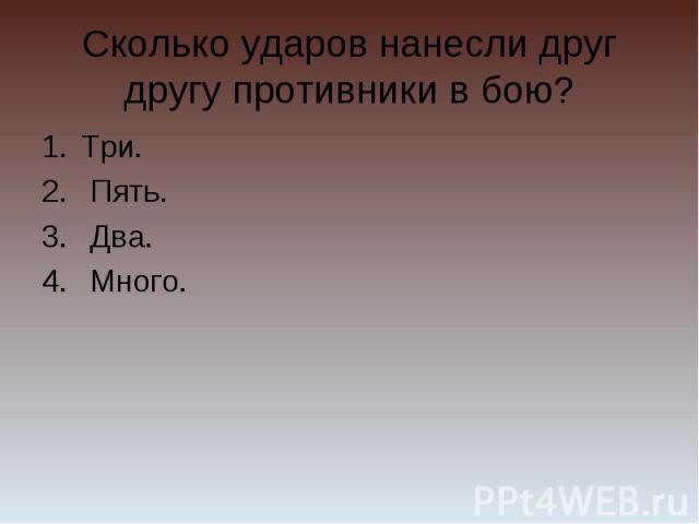 Сколько ударов нанесли друг другу противники в бою?Три. Пять. Два. Много.