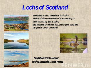 Lochs of ScotlandScotland is also noted for its lochs Much of the west coast of