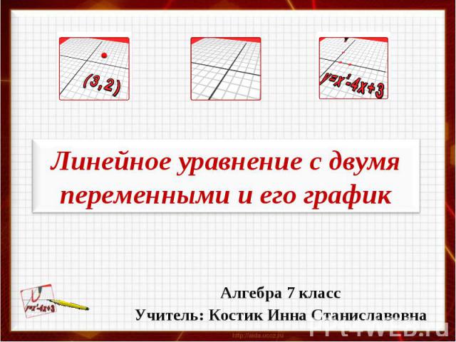 Линейное уравнение с двумя переменными и его график Алгебра 7 класс Учитель: Костик Инна Станиславовна
