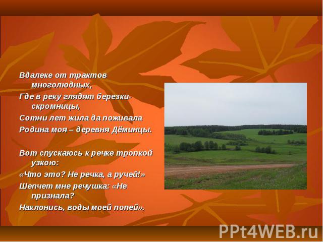 Вдалеке от трактов многолюдных,Где в реку глядят березки-скромницы,Сотни лет жила да поживалаРодина моя – деревня Дёминцы.Вот спускаюсь к речке тропкой узкою:«Что это? Не речка, а ручей!»Шепчет мне речушка: «Не признала?Наклонись, воды моей попей».