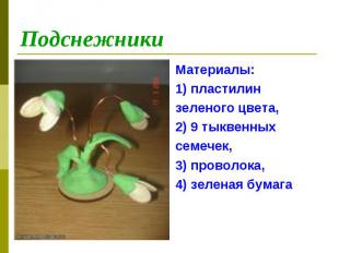 ПодснежникиМатериалы:1) пластилин зеленого цвета,  2) 9 тыквенныхсемечек, 3) про