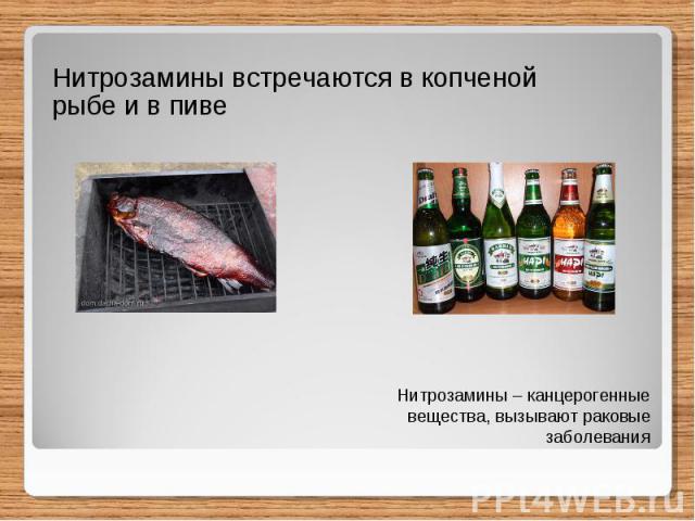 Нитрозамины встречаются в копченой рыбе и в пиве Нитрозамины – канцерогенные вещества, вызывают раковые заболевания