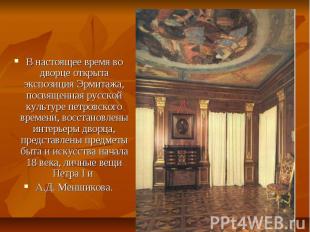 В настоящее время во дворце открыта экспозиция Эрмитажа, посвященная русской кул