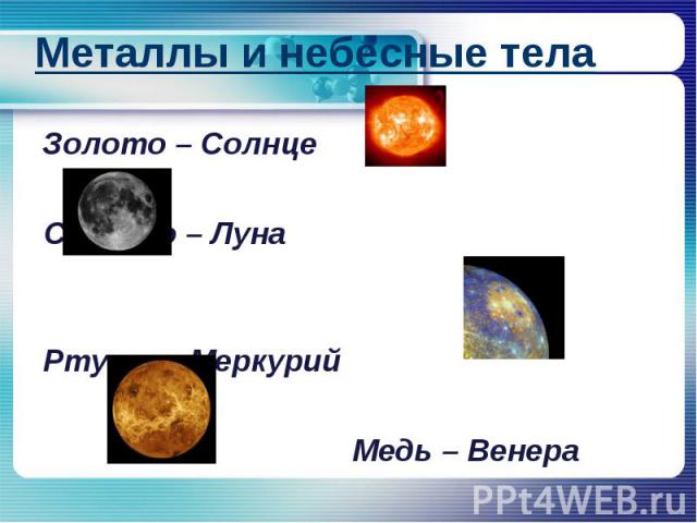 Металлы и небесные телаЗолото – Солнце Серебро – Луна Ртуть – Меркурий Медь – Венера