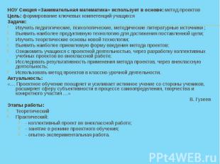 НОУ Секция «Занимательная математика» использует в основе: метод проектов Цель: