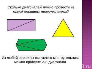 Сколько диагоналей можно провести из одной вершины многоугольника?Из любой верши