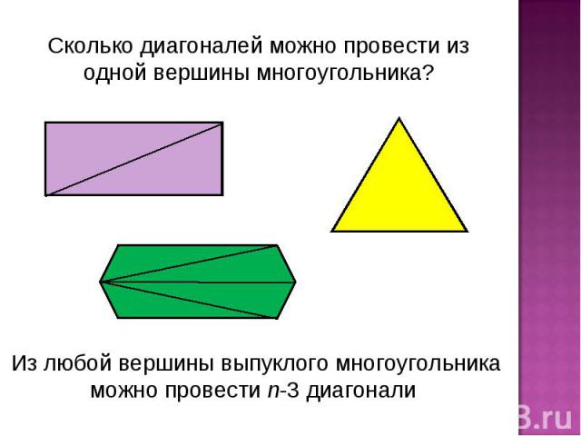 Сколько диагоналей можно провести из одной вершины многоугольника?Из любой вершины выпуклого многоугольника можно провести n-3 диагонали