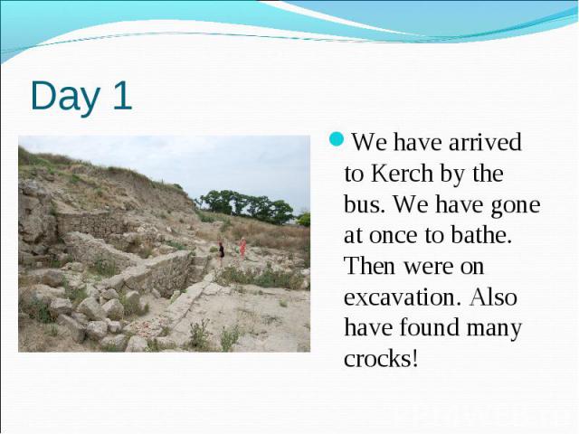 Day 1 We have arrived to Kerch by the bus. We have gone at once to bathe. Then were on excavation. Also have found many crocks!
