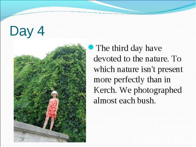 Day 4The third day have devoted to the nature. To which nature isn't present more perfectly than in Kerch. We photographed almost each bush.